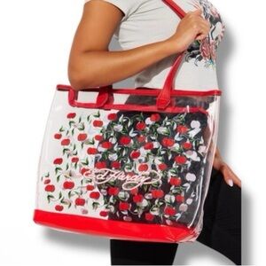 Ed Hardy NWT Red Cherries Clear Transparent Zip Top PVC Tote Bag 🍒
